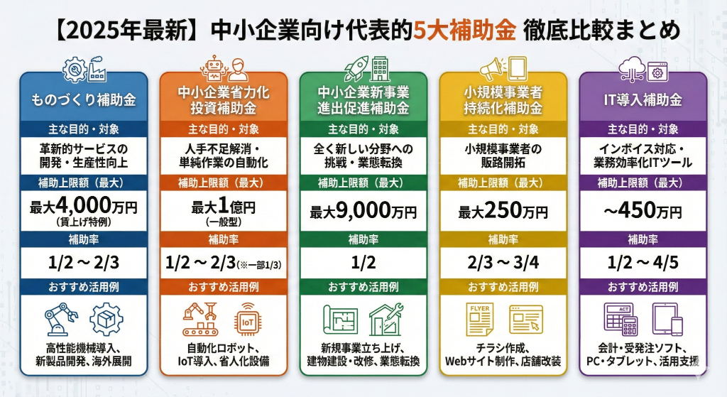 【2025年最新】中小企業向け代表的5大補助金 徹底比較まとめ